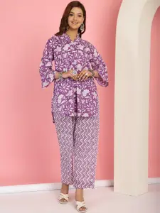 TAG 7 Floral Printed Mandarin Collar Pure Cotton Top With Trouser