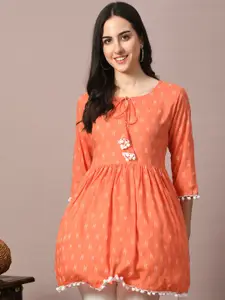 GLOWWORLD Ethnic Motifs Printed Tie-Up Neck A-Line Kurta