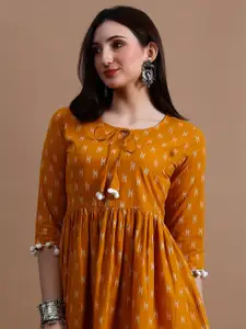 GLOWWORLD Ethnic Motifs Printed Tie-Up Neck A-Line Kurta