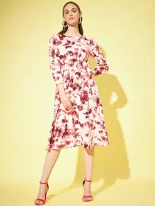 Slenor Tie and Dye Printed Keyhole Neck Puff Sleeve Crepe A-Line Dress