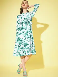 Slenor Tie and Dye Printed Keyhole Neck Puff Sleeve Crepe A-Line Dress