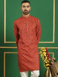 Anouk Red Ethnic Motifs Printed Sequinned Detailed Pure Cotton Straight Kurta