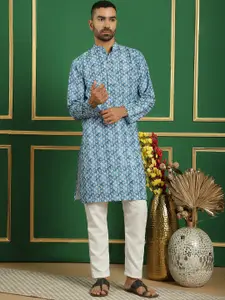 Anouk Blue Ethnic Motifs Printed Sequinned Detailed Pure Cotton Straight Kurta