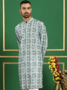 Anouk Blue Ethnic Motifs Printed Sequinned Detailed Pure Cotton Straight Kurta