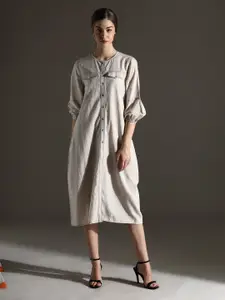 Dora Dori 
Solid Cotton Linen Round Neck Thread Work Puff Sleeves Dress