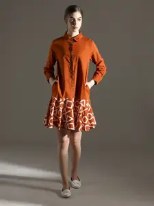 Dora Dori Cotton Abstract Print Dress with Cuff Sleeves and Shirt Collar