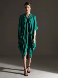 Dora Dori 
Relaxed Fit Solid V-Neck Hand Work Cowl Dress & Hand Work