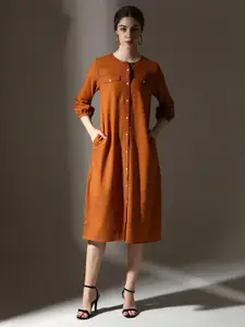 Dora Dori 
Solid Round Neck Thread Work Puff Sleeves Dress