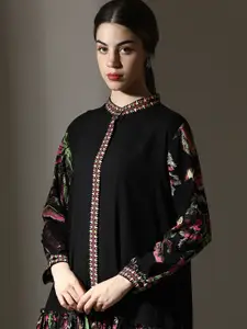 Dora Dori Relaxed Fit Black Floral Printed A-Line Dress with Mandarin Neck