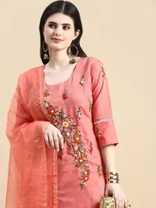 GRANTH FASHION Floral Embroidered Thread Work Straight Kurta With Dupatta