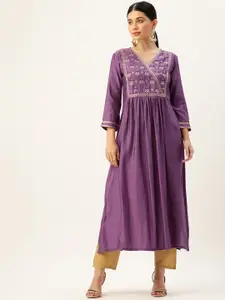 all about you Purple Floral Yoke Design V-Neck Thread Work A-Line Kurta