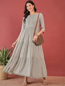 Anouk Embroidered Round Neck Fit & Flare Tiered Maxi Dress