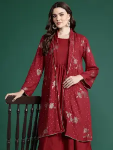Sangria A-Line Kurta With Foil Printed Shrug
