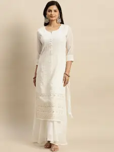 RATAN Floral Embroidered Chikankari Georgette Straight Kurta