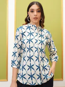 Vishudh Cream-Coloured Floral Printed Mandarin Collar Puffed Sleeves Shirt Style Top