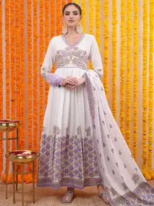 Vishudh Purple Floral Printed Pure Cotton Ethnic Dress With Dupatta