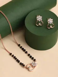 XPNSV Gold-Plated AD Stone Studded & Beaded Mangalsutra With Earrings