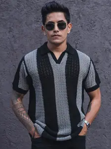 Powerlook Crochet Striped Reglular Half Sleeves T Shirt