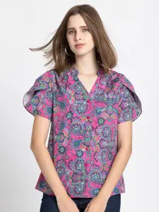 SHAYE Floral Print Mandarin Collar Crepe Shirt Style Top