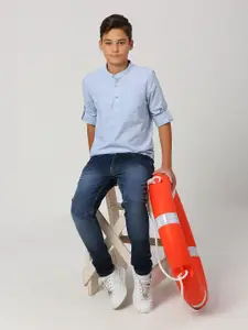 Nautica Boys Premium Self Design Band Collar Roll-Up Sleeves Cotton Casual Shirt