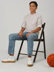 Nautica Boys Premium Self Design Band Collar Roll-Up Sleeves Cotton Casual Shirt