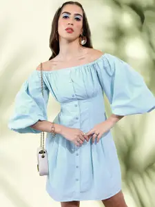 Tokyo Talkies Blue Off-Shoulder Puff Sleeves Gathered A-Line Dress