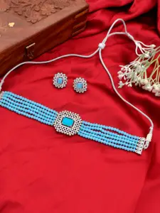 Silvermerc Designs Silver-Plated Kundan-Studded & Beaded Choker Necklace and Earrings