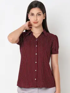 NOT SO PINK Smart Striped Spread Collar Puff Sleeves Cotton Casual Shirt