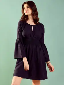 KASSUALLY Key Hole Neck Bell Sleeves Smocked Cotton Fit & Flare Dress