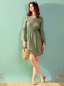 KASSUALLY Key Hole Neck Bell Sleeves Smocked Cotton Fit & Flare Dress