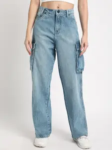 Bene Kleed Women Relaxed Fit High-Rise Clean Look Light Fade Pure Cotton Cargo Jeans