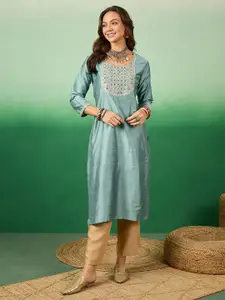 Sangria Ethnic Motifs Yoke Design Mirror Work Straight Kurta