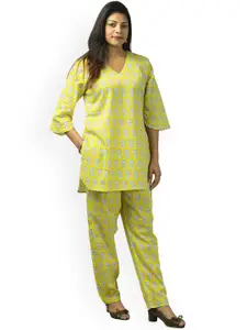 Freesia Array Printed Pure Cotton V-Neck Top & Flared Trouser Co-Ords