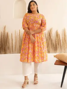 Janasya Plus Size Floral Printed Puff Sleeves Cotton A-Line Kurta