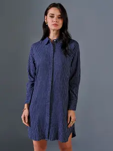 AND Striped Shirt Collar Linen Shirt Dress
