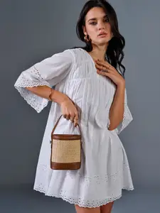 AND Striped V-Neck Bell Sleeve A-Line Dress