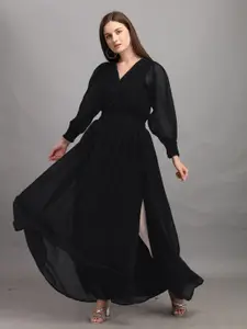 Femvy V-Neck Puff Sleeves Georgette Maxi Dress