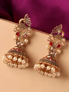 OOMPH Kundan Studded Peacock Shaped Jhumkas Earrings