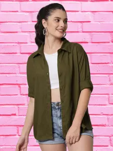 Funday Fashion Boxy Fit Spread Collar Long Sleeves Cotton Casual Shirt