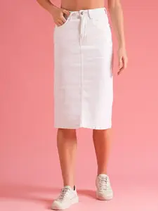 Globus Women White Back Slit Denim Pencil Skirt