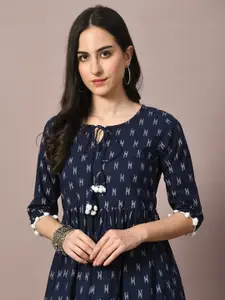 GLOWWORLD Floral Printed Tie-Up Neck Three-Quarter Sleeves A-Line Top