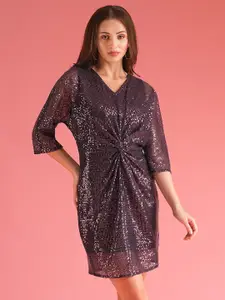 Globus V-Neck Extended Sleeves Twisted Detail Sequinned Mini Sheath Party Dress