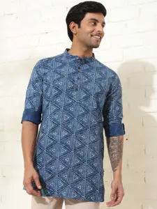 Fabindia Geometric Printed Mandarin Collar Roll Up Sleeves Straight Kurta