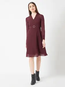 Chemistry Wine Red V-Neck Full Sleeve Solid Fit & Flare Midi Dress