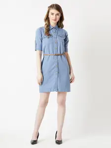 Chemistry Women Polo Neck Rolled Up Full Sleeve Denim Solid Buttoned A-Line Mini Dress
