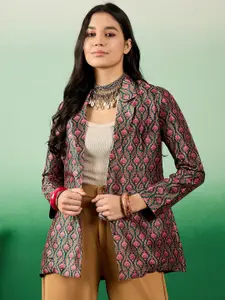 Sangria Teal Green Printed Notched Lapel Open-Front Blazers