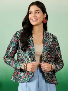 Sangria Green Printed Notched Lapel Front Open Blazer