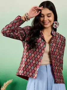 Sangria Maroon Printed Notched Lapel Front Open Blazer