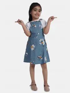 SUMAVI-FASHION Girls Floral Print Shoulder Straps Cotton Denim Fit & Flare Dress