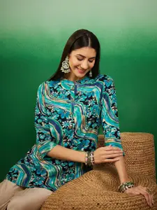 Sangria Floral Printed Mandarin Collar Straight Kurti